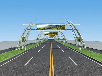 Modern Arched Entrance Gate with Road Green Grass and Scenic Banner 3d model