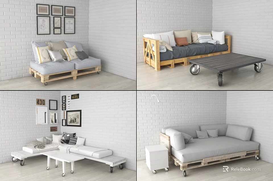 Pallet Wooden Sofa Set With Multiple Cushions And Coffee Table In Living Room 3d model 