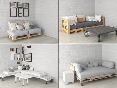 Pallet Wooden Sofa Set With Multiple Cushions And Coffee Table In Living Room 3d model