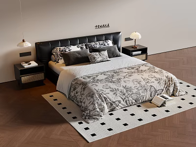 Elegant Double Bed With Black Headboard Patterned Quilt Pillows Nightstands Table Lamps And Checkered Rug 3d model