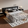 Elegant Double Bed With Black Headboard Patterned Quilt Pillows Nightstands Table Lamps And Checkered Rug