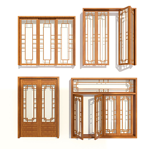 Chinese-style casement windows and doors 3d model