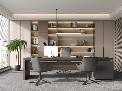 Modern Office Interior Design With Wooden Desk Ergonomic Chairs Built-in Bookshelves And Potted Plant 3d model