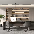 Modern Office Interior Design With Wooden Desk Ergonomic Chairs Built-in Bookshelves And Potted Plant