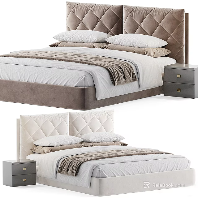 Elegant Double Bed With Tufted Headboard White Bedding And Gray Nightstand 3d model