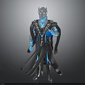 Mystical Humanoid Character Creature With Blue Glowing Ornamental Armor And Flowing Cloak