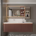 Modern Bathroom Interior Design With White Countertop Brown Cabinets Mirror And Small Plant