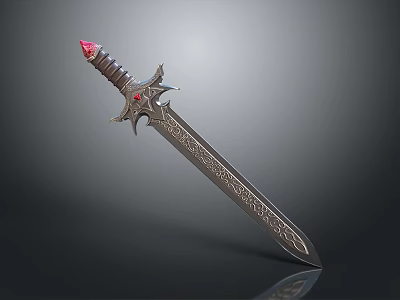 Ornate Fantasy Sword With Brown Hilt Red Gemstones And Carved Blade 3d model