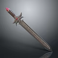 Ornate Fantasy Sword With Brown Hilt Red Gemstones And Carved Blade
