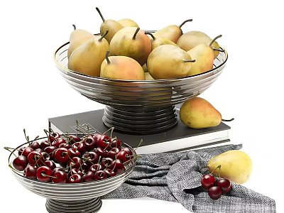 Elegant Decorative Ornament Set With Metal Bowls Pears Cherries Black Book And Gray Cloth 3d model