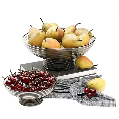 Elegant Decorative Ornament Set With Metal Bowls Pears Cherries Black Book And Gray Cloth 3d model
