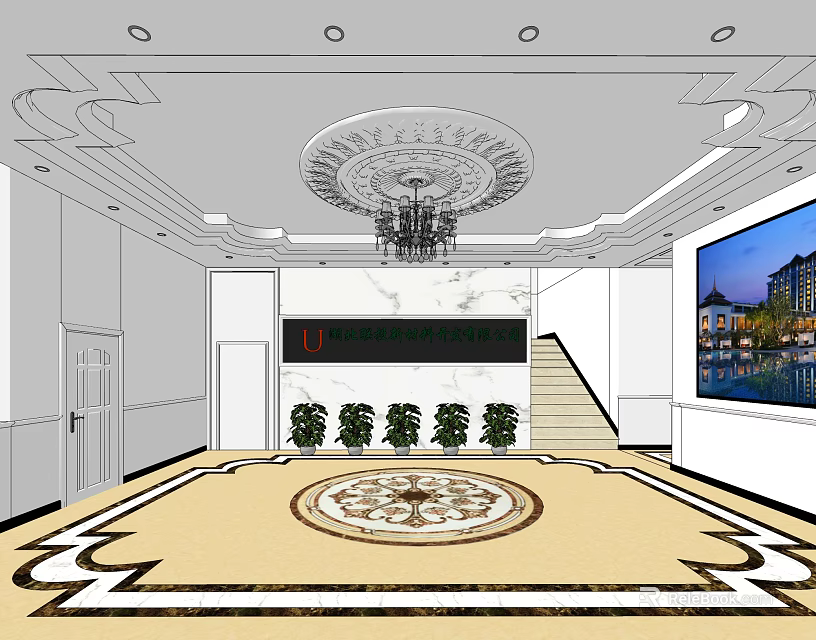 Hotel Lobby Interior with Elegant Chandelier Circular Patterned Carpet Staircase and Potted Plants 3d model 