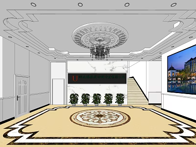 Hotel Lobby Interior with Elegant Chandelier Circular Patterned Carpet Staircase and Potted Plants 3d model