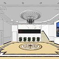 Hotel Lobby Interior with Elegant Chandelier Circular Patterned Carpet Staircase and Potted Plants