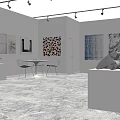 Modern Art Gallery Featuring Various Paintings Sculptures On Pedestals Tables Chairs And Gray Floor