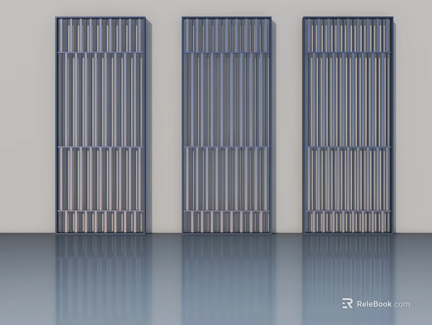 Three Modern Metal Hinged Doors With Vertical Slats And Reflective Floor 3d model