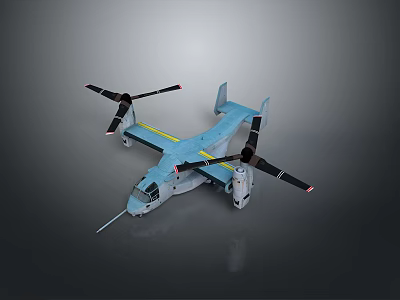 Light Blue Twin Propeller Aircraft Model With Yellow Stripe And Large Propellers On Gray Background 3d model