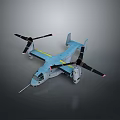 Light Blue Twin Propeller Aircraft Model With Yellow Stripe And Large Propellers On Gray Background