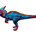 Colorful Feathered Dinosaur With Vibrant Red Blue Stripes And Open Mouth Pose
