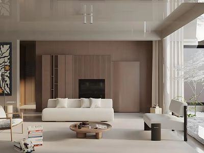 Minimalist Living Room Interior Design With White Sofa Wooden TV Wall And Round Coffee Table 3d model
