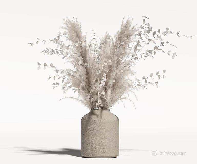 Minimalist Light Gray Vase With White Pampas Grass And Small Leaves For Modern Home Decor 3d model 