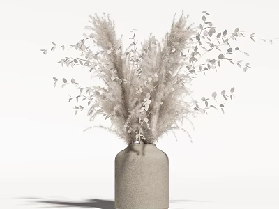 Minimalist Light Gray Vase With White Pampas Grass And Small Leaves For Modern Home Decor 3d model