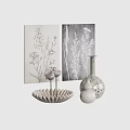 Ornament Decor Set With Botanical Paintings Bird Figurines Fan Shaped Tray And Vases