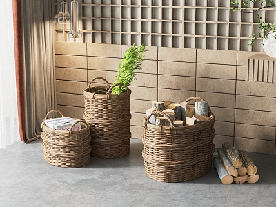 Quiet Storage Basket Bamboo Basket Ornaments Combination 3d model