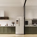 Modern Kitchen Interior With White And Dark Green Cabinets Marble Countertops And Brick Wall