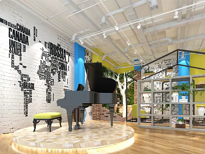 Stylish Restaurant With Black Piano Round Platform World Map Wall Green Chair Wooden Floor Plants 3d model