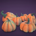 Fresh Ripe Orange Pumpkins With Green Stems Arranged On Purple Background