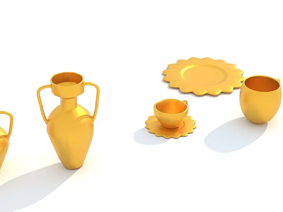 Golden Household Items Collection Featuring Vase Plate Cup Saucer And Decorative Pieces 3d model