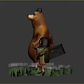 Little Girl Carrying Green Plants And Orange Bear With Black Hat Holding Briefcase On Grass