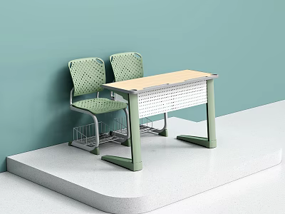 Green Perforated Chair And Wooden Top Table Set With Shelf Against Light Green Wall 3d model