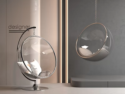 Modern Designer Transparent Spherical Hanging Chair With Metal Stand And White Cushions 3d model