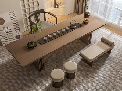 Modern Wooden Tea Table And Chairs With Tea Set Round Stools Bench And Natural Light 3d model