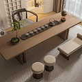 Modern Wooden Tea Table And Chairs With Tea Set Round Stools Bench And Natural Light