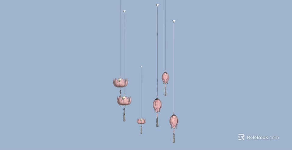 Pink Lotus Shaped Multiple Hanging Pendant Lights Against Light Blue Background 3d model 