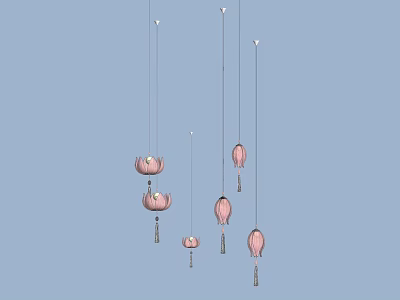 Pink Lotus Shaped Multiple Hanging Pendant Lights Against Light Blue Background 3d model
