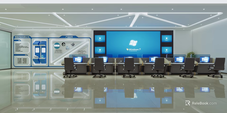 Modern Monitoring Room Interior with Multiple Monitors Control Desks And Office Chairs 3d model 