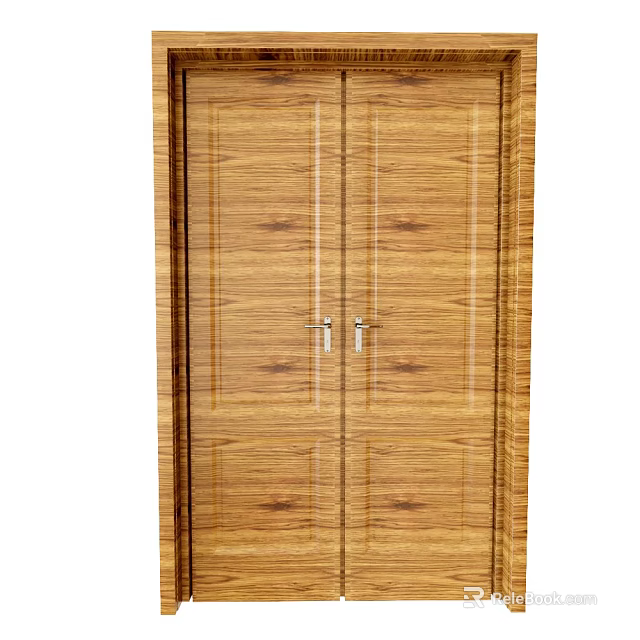 Classic Wooden Double Doors Featuring Natural Wood Grain And Silver Handles 3d model 
