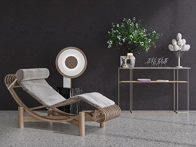 Modern Rattan Lounge Chair With Wooden Frame Gold Side Table And Green Plant 3d model