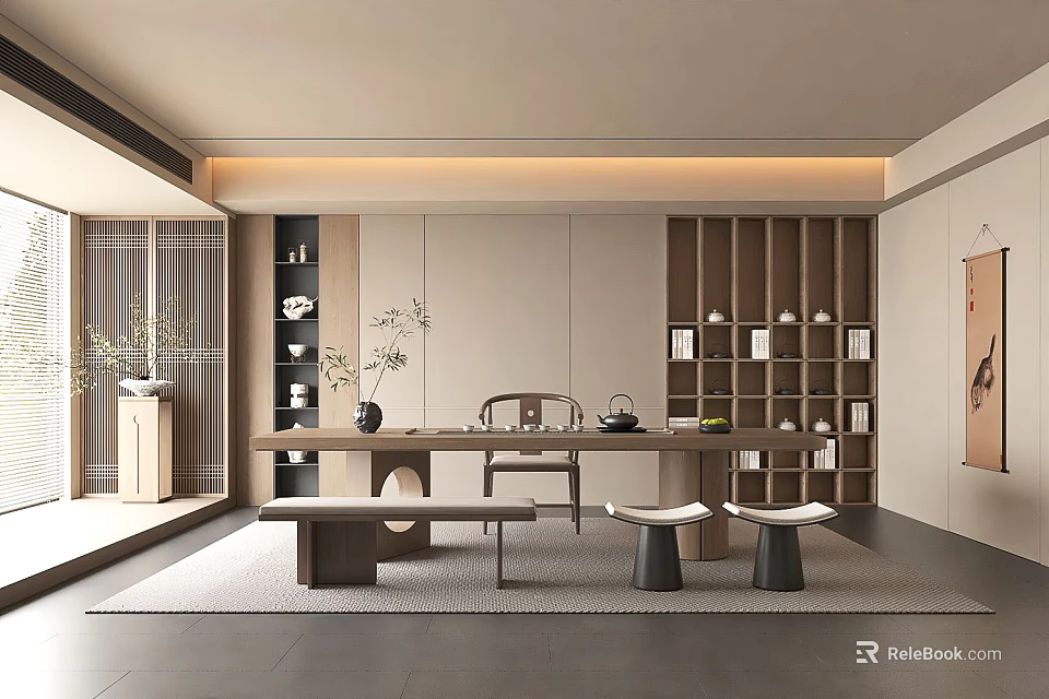 Minimalist Modern Tea Room Interior Design With Wooden Long Table Bench Stools And Tea Sets 3d model 