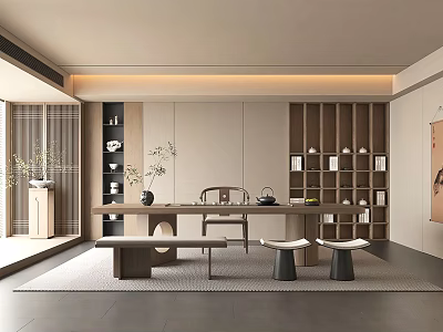 Minimalist Modern Tea Room Interior Design With Wooden Long Table Bench Stools And Tea Sets 3d model