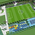 Scenic Park Landscape with Football Field and Green Lawn Surrounded by Trees and Walking Paths
