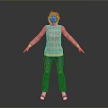 A Woman in Patterned Sweater Blue Pants Brown Shoes with Arms Outstretched Against Gray Background
