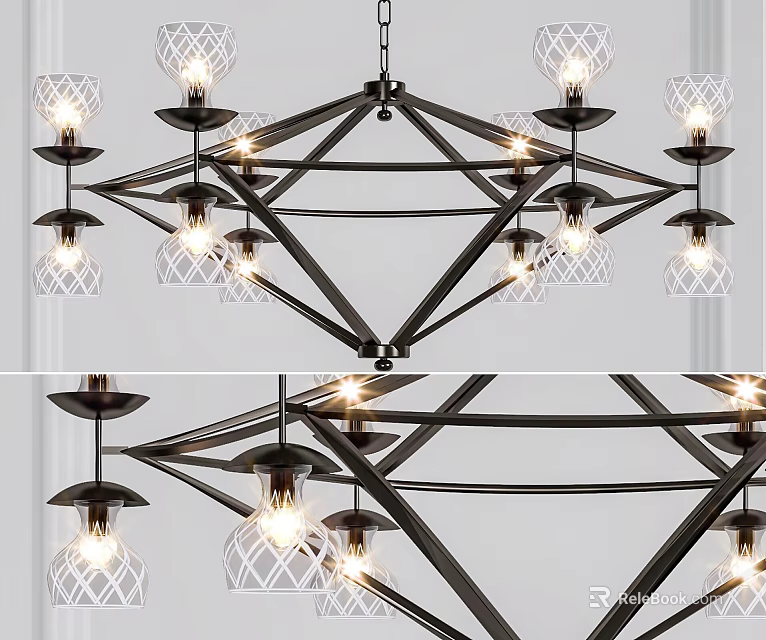 Modern Geometric Design Metal Chandelier With Glass Shades And Multiple LED Lights 3d model 