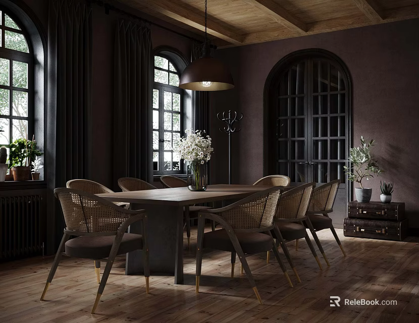 Elegant Dining Table with Rattan Chairs Wooden Ceiling Pendant Lamp and Arched Windows 3d model 