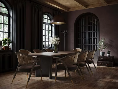 Elegant Dining Table with Rattan Chairs Wooden Ceiling Pendant Lamp and Arched Windows 3d model