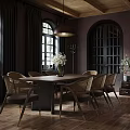 Elegant Dining Table with Rattan Chairs Wooden Ceiling Pendant Lamp and Arched Windows